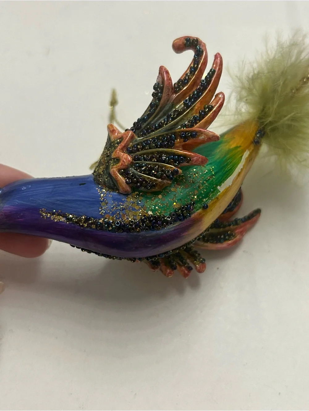 Iridescent Bird Ornaments Hummingbird with Feathered and Beaded Tails Vintage